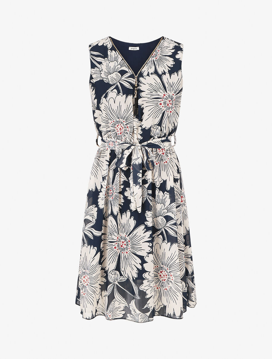 Robe mi-longue imprimé fleuri - Marine - 1