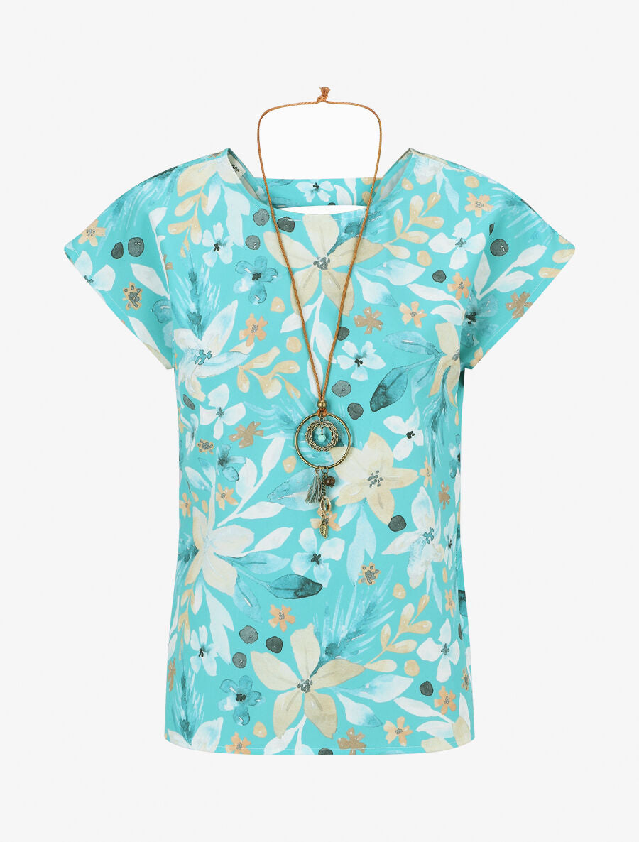 Top manches courtes dos torsadé imprimé fleuri - Turquoise - 1