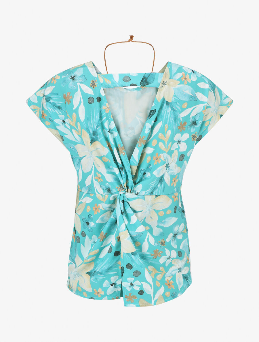 Top manches courtes dos torsadé imprimé fleuri - Turquoise - 2