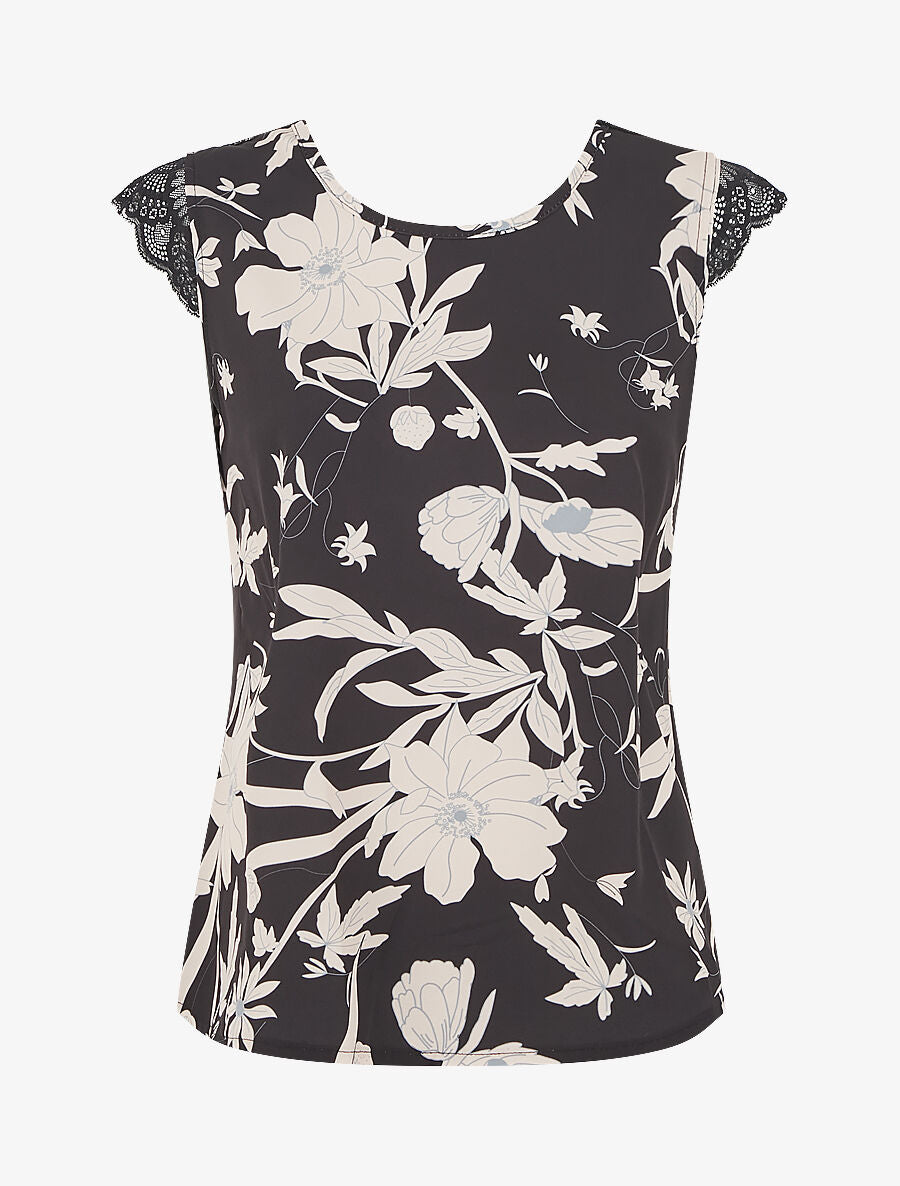 Top imprimé feuilles à détail dentelle - Noir - 1