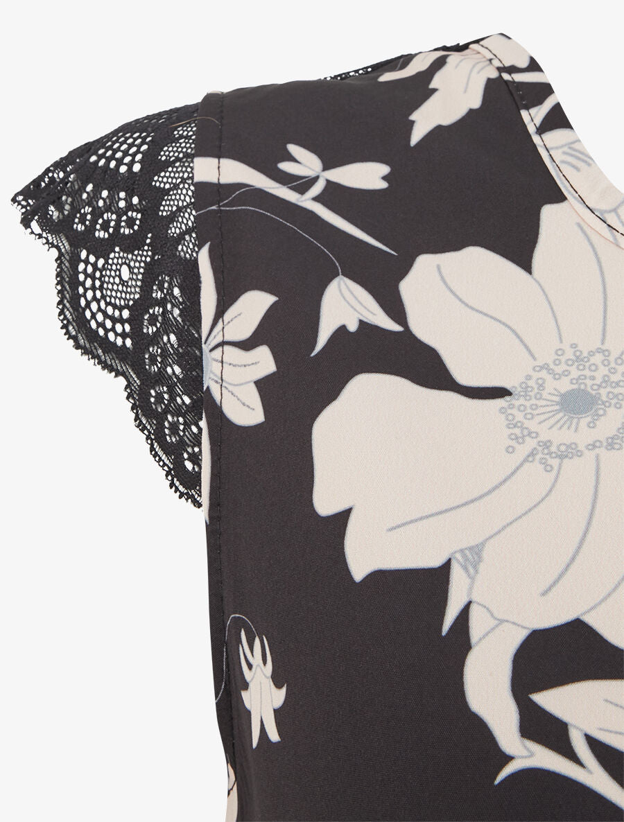 Top imprimé feuilles à détail dentelle - Noir - 3