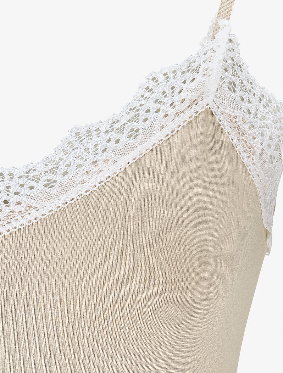 Body uni à bretelles et col V dentelle - Beige - 3