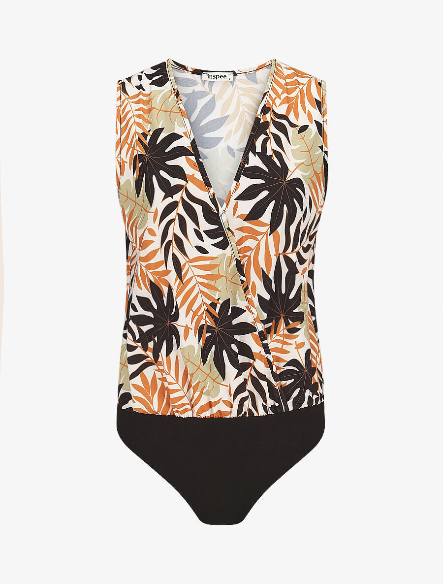 Body imprimé feuilles à col V - Beige - 1