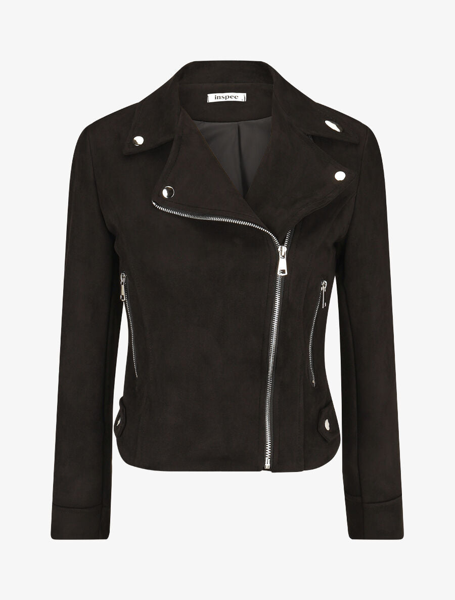 Veste en suédine à zips décoratifs et fermeture zippée - Noir - 1