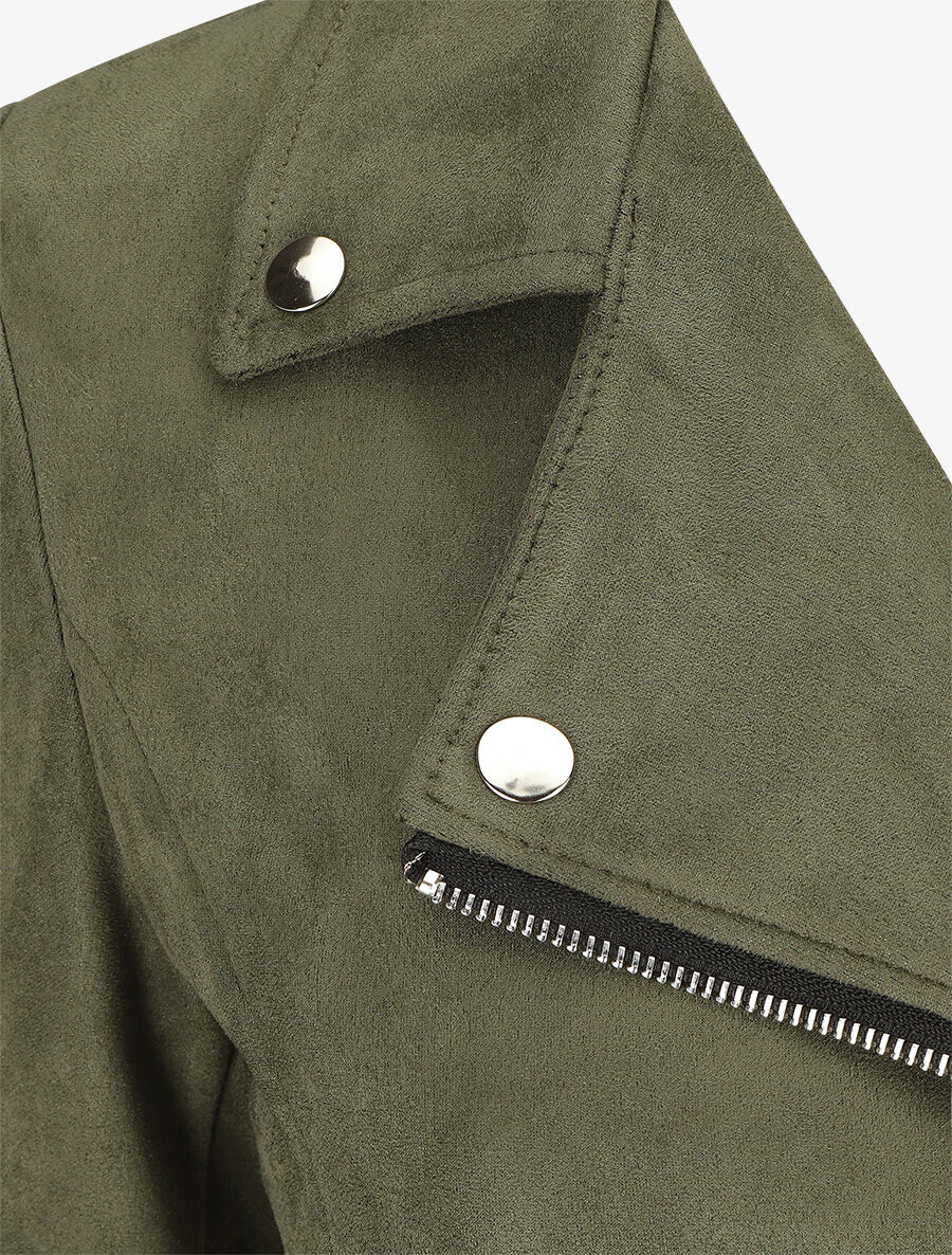 Veste en suédine à zips décoratifs et fermeture zippée - Kaki - 3