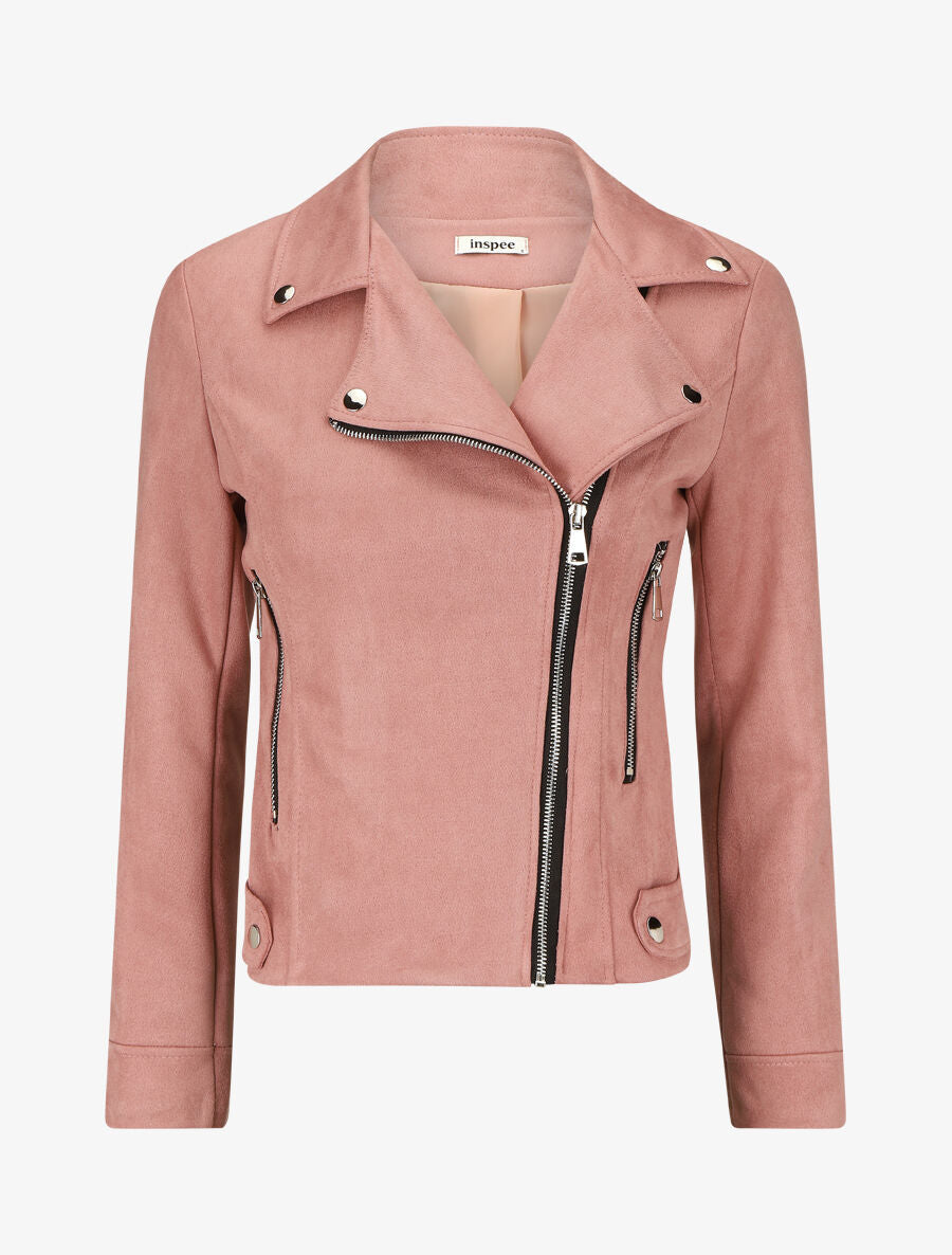 Veste en suédine à zips décoratifs et fermeture zippée - Rose - 1