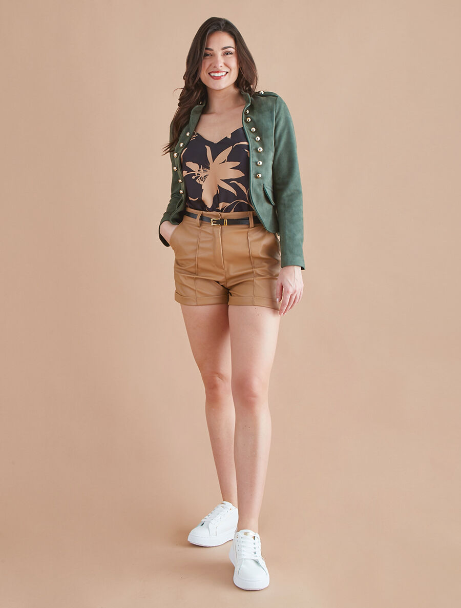 Veste en suédine à boutons décoratifs - Kaki - 4