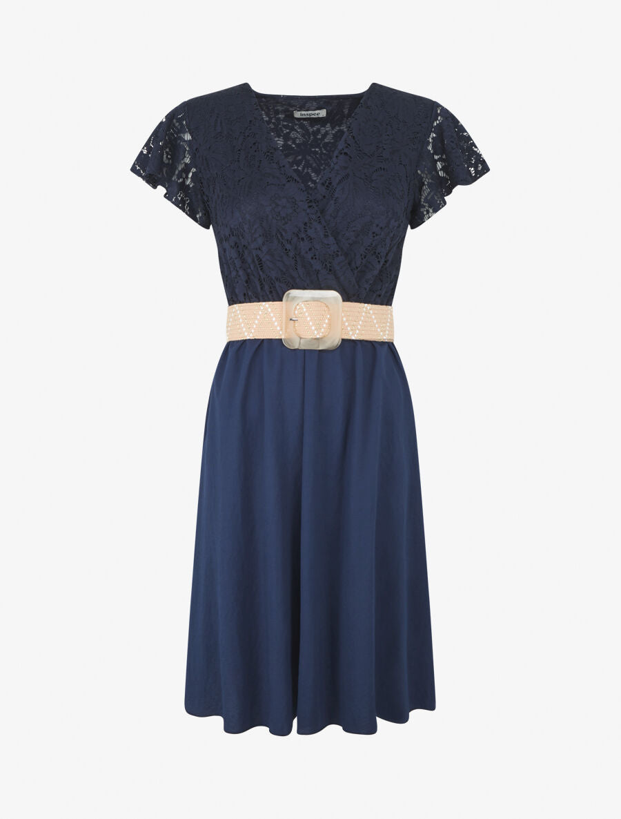 Robe mi-longue à buste brodé - Marine - 4