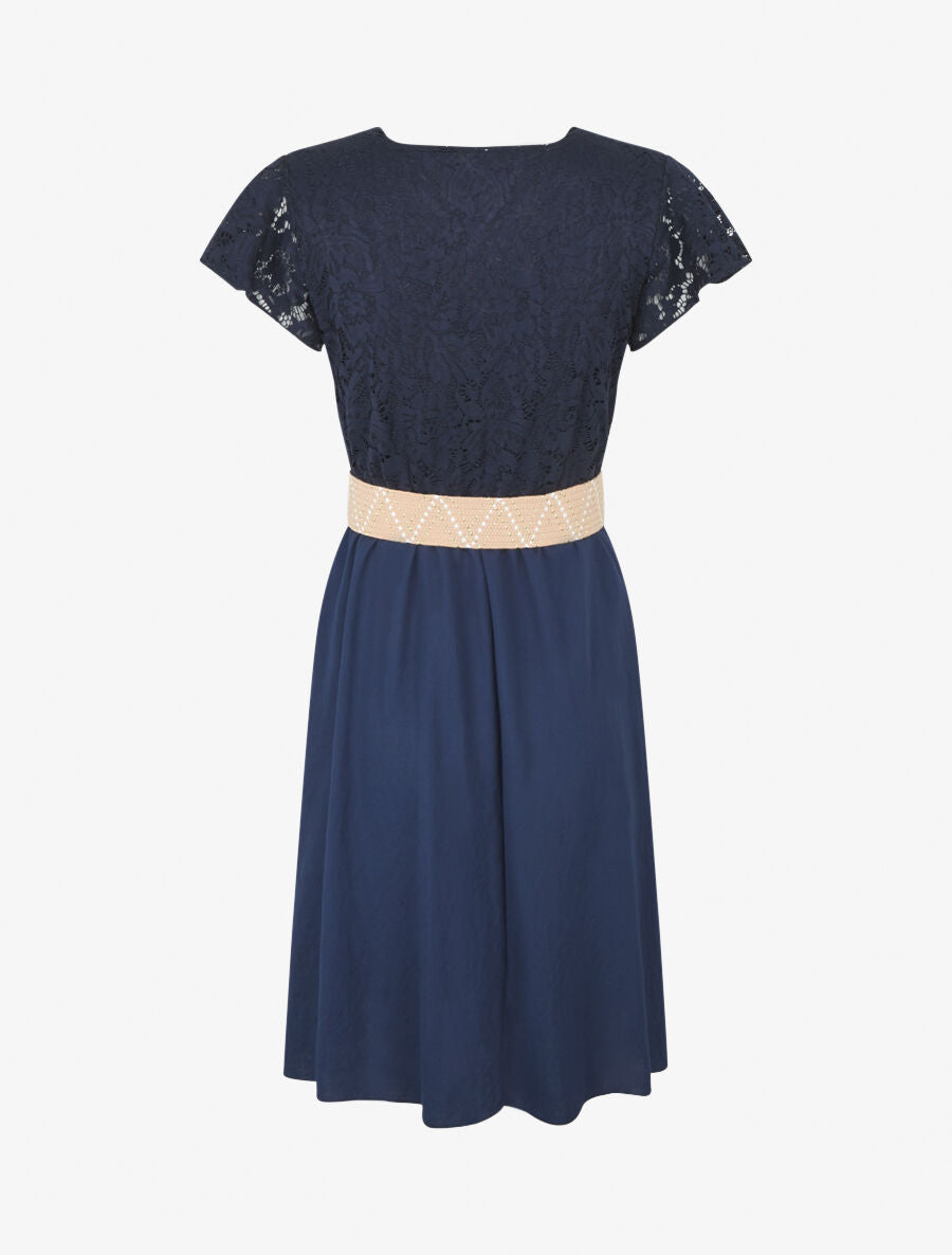 Robe mi-longue à buste brodé - Marine - 2