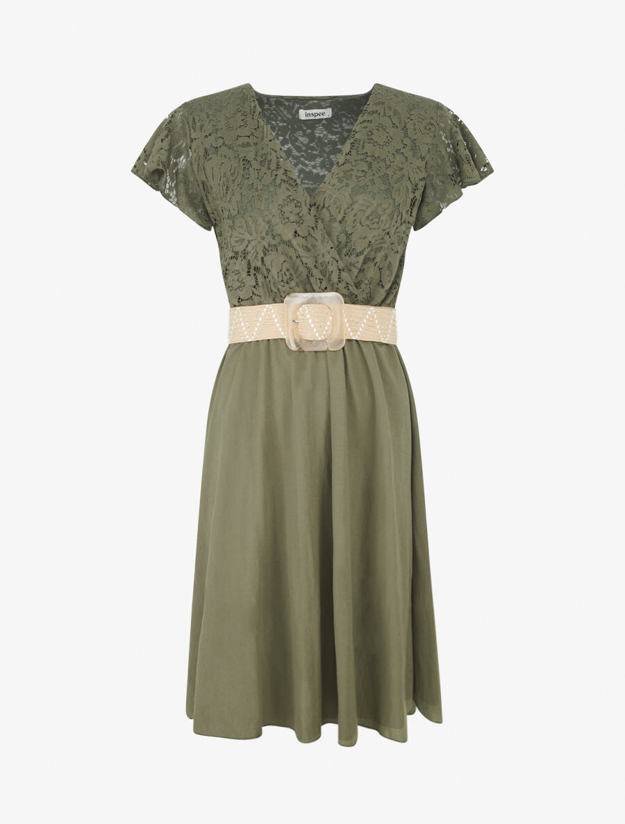 Robe mi-longue à buste brodé - Kaki - 1