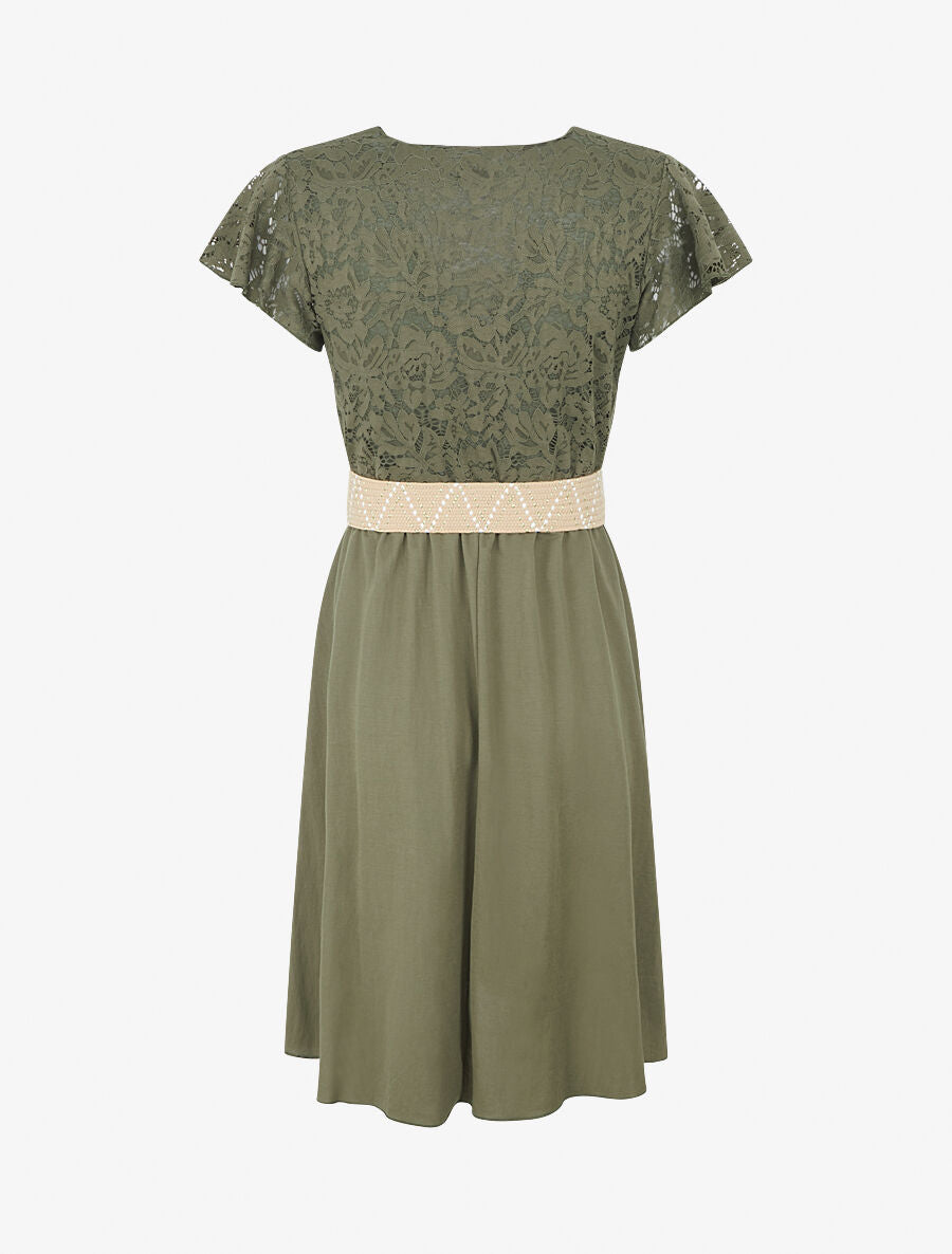 Robe mi-longue à buste brodé - Kaki - 2