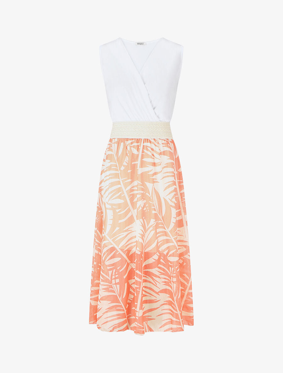 Robe longue bi-matière sans manches imprimé végétal - Corail - 1