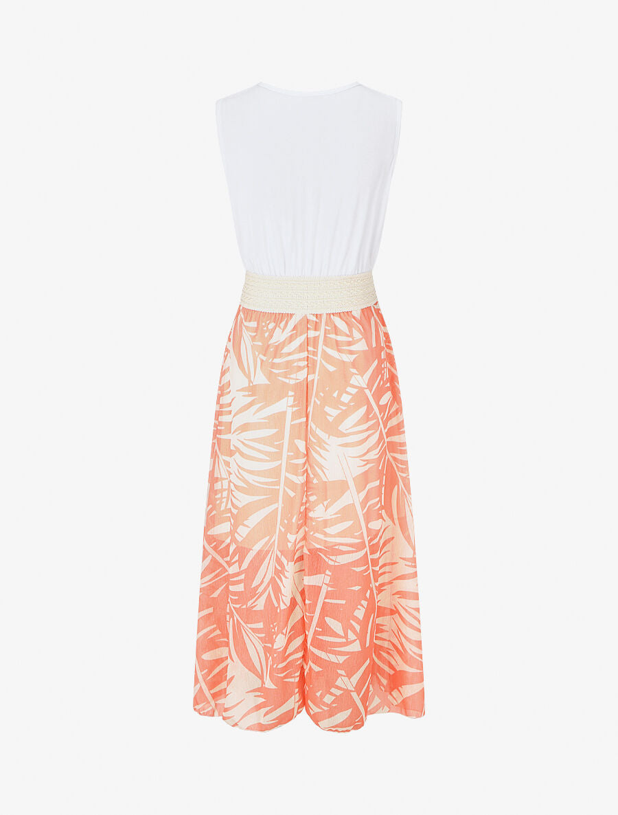 Robe longue bi-matière sans manches imprimé végétal - Corail - 2