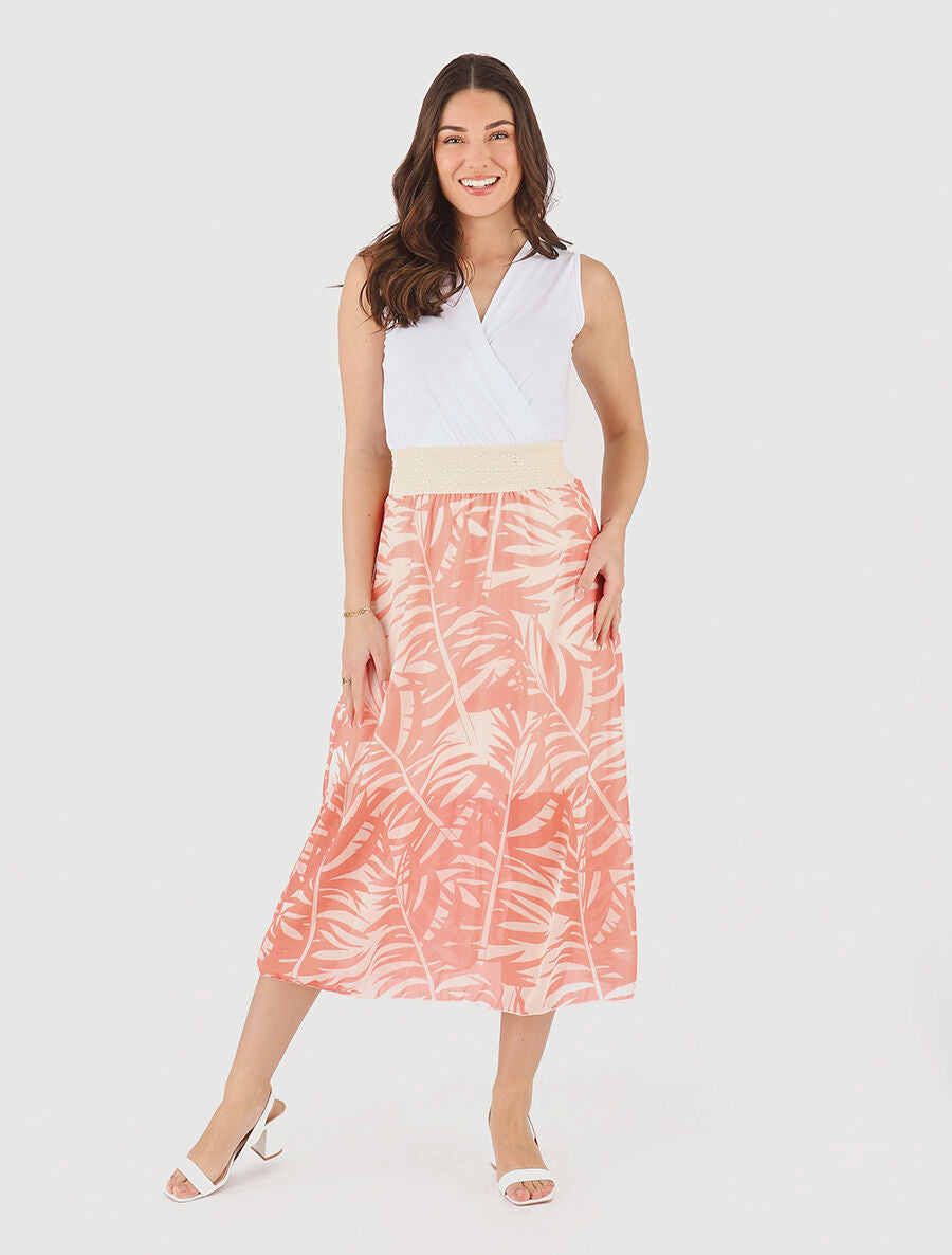Robe longue bi-matière sans manches imprimé végétal - Corail - 4