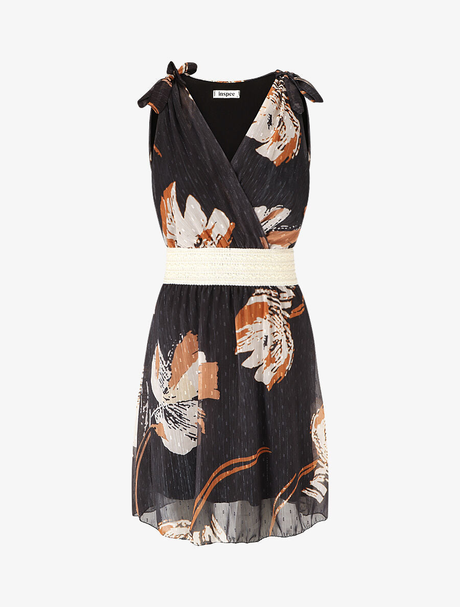 Robe mi-longue sans manches imprimé fleurs abstraites - Noir - 1