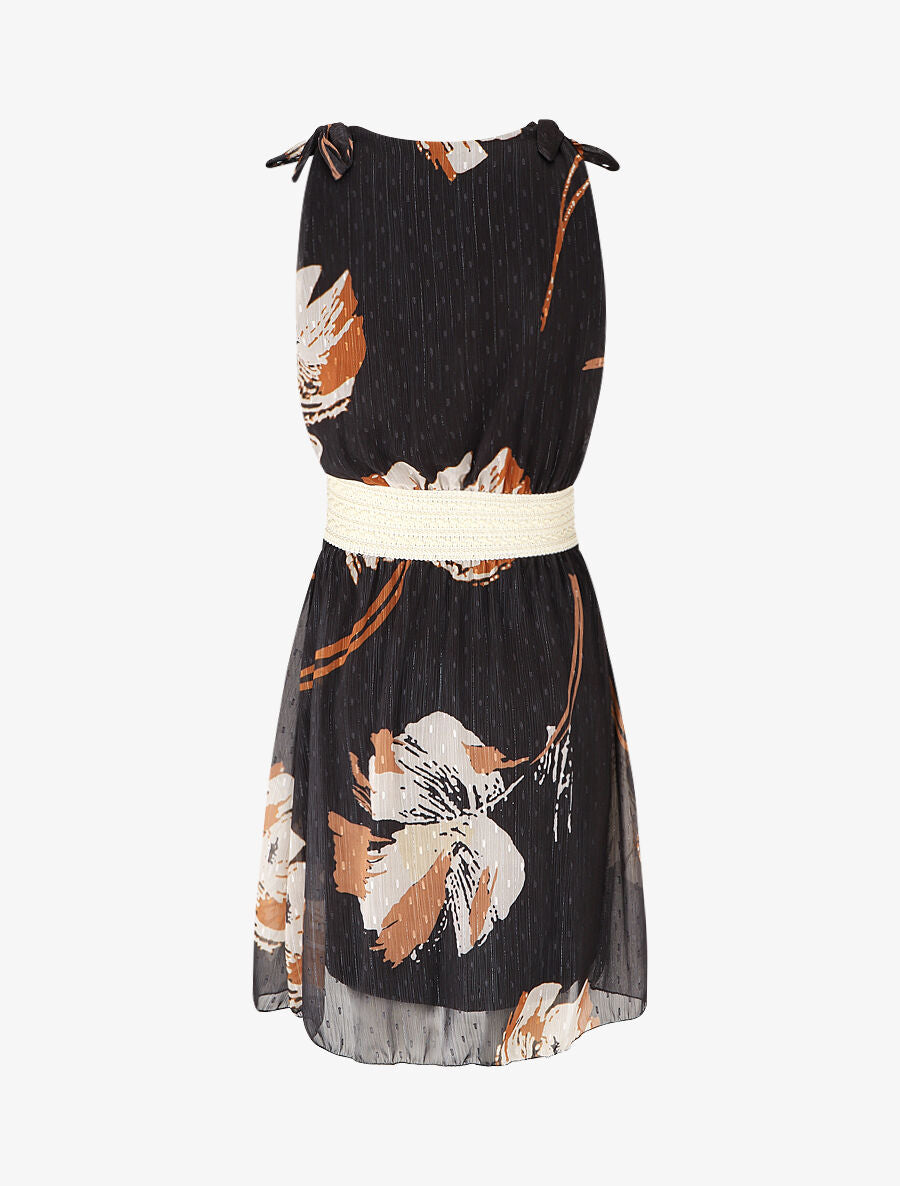 Robe mi-longue sans manches imprimé fleurs abstraites - Noir - 2