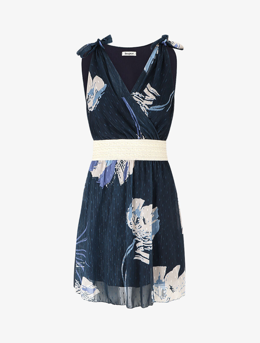 Robe mi-longue sans manches imprimé fleurs abstraites - Marine - 1