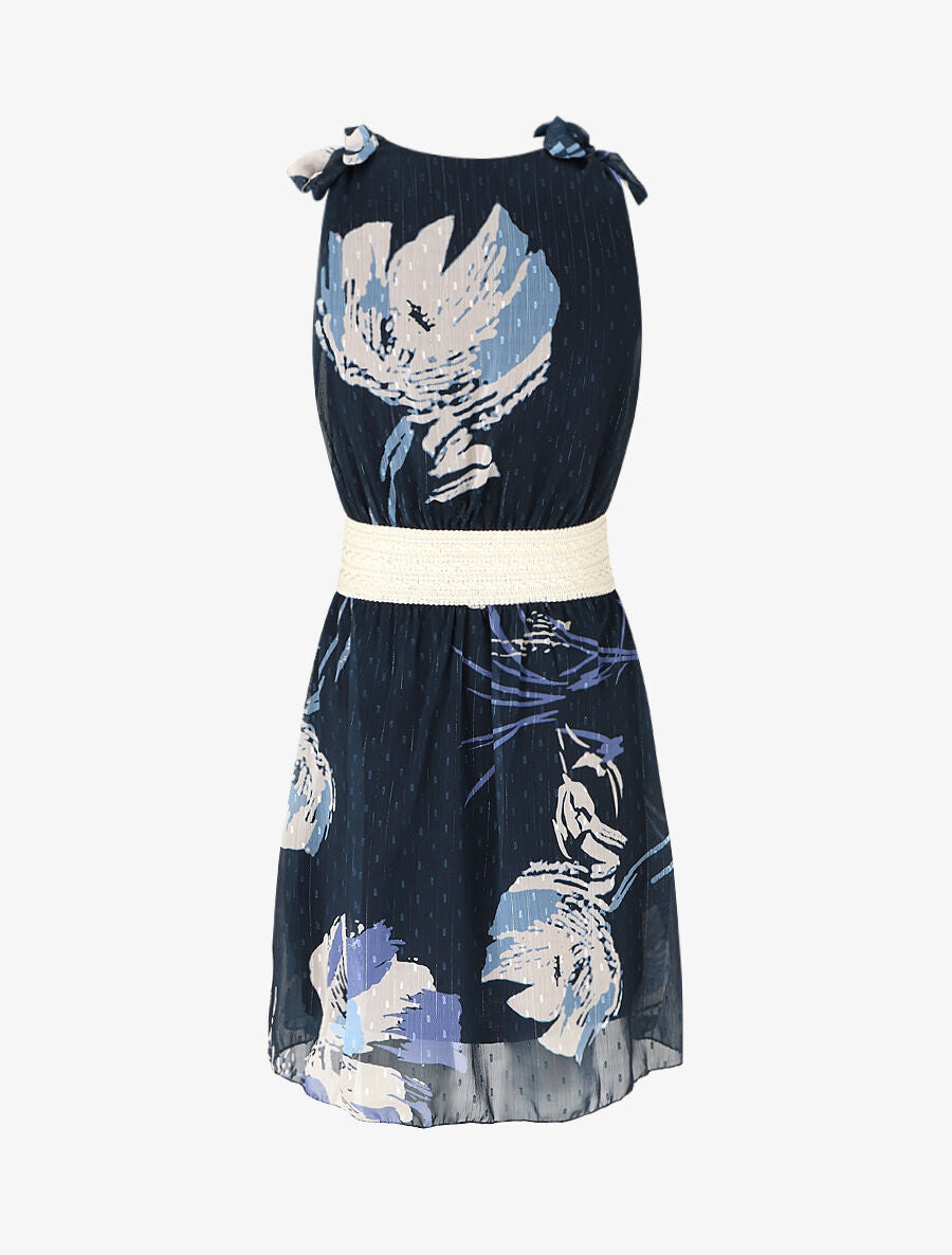 Robe mi-longue sans manches imprimé fleurs abstraites - Marine - 2
