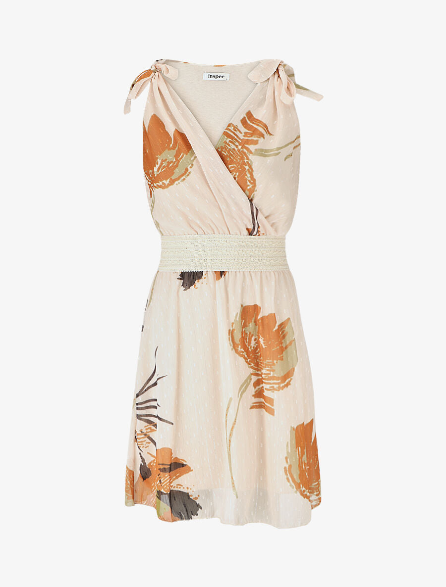 Robe mi-longue sans manches imprimé fleurs abstraites - Beige - 4