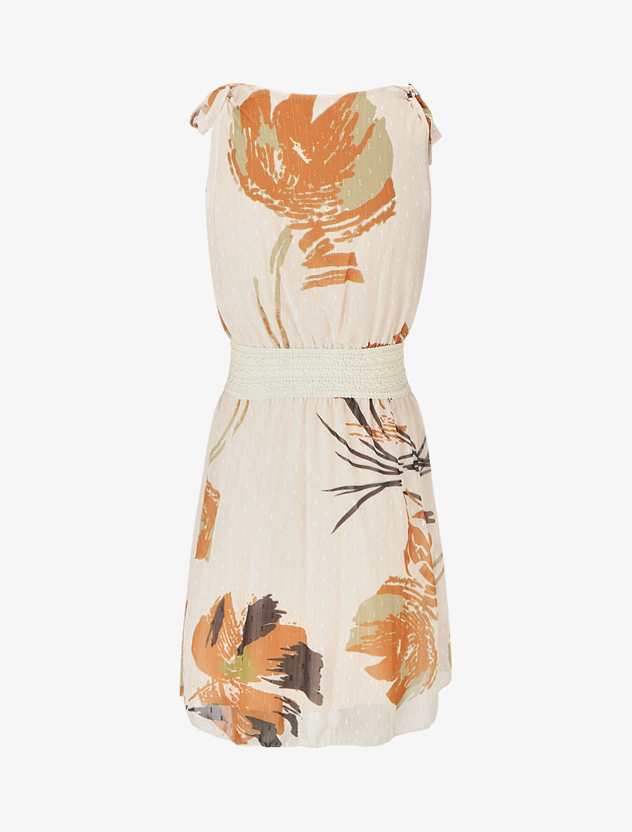 Robe mi-longue sans manches imprimé fleurs abstraites - Beige - 2