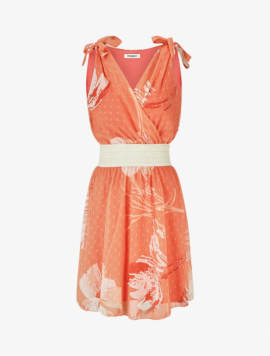 Robe mi-longue sans manches imprimé fleurs abstraites - Corail - 1