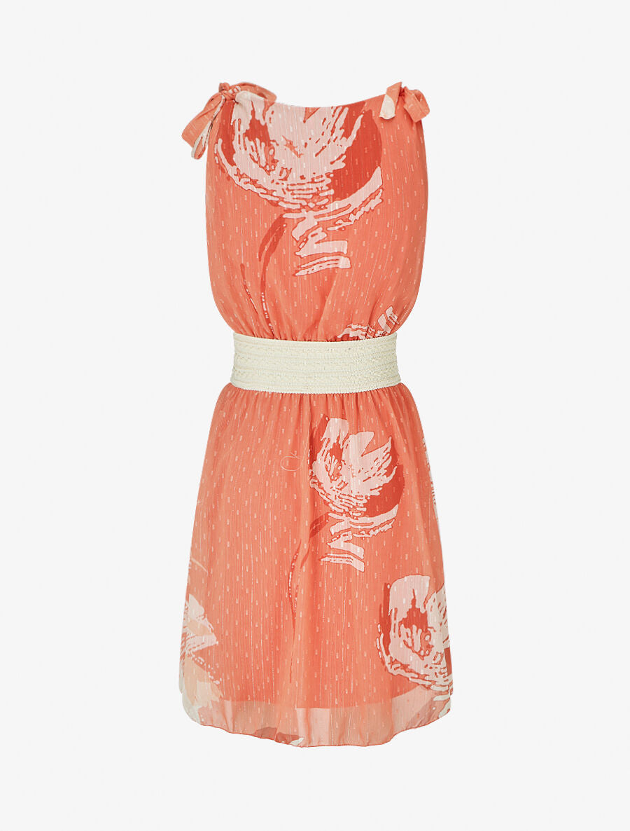Robe mi-longue sans manches imprimé fleurs abstraites - Corail - 2