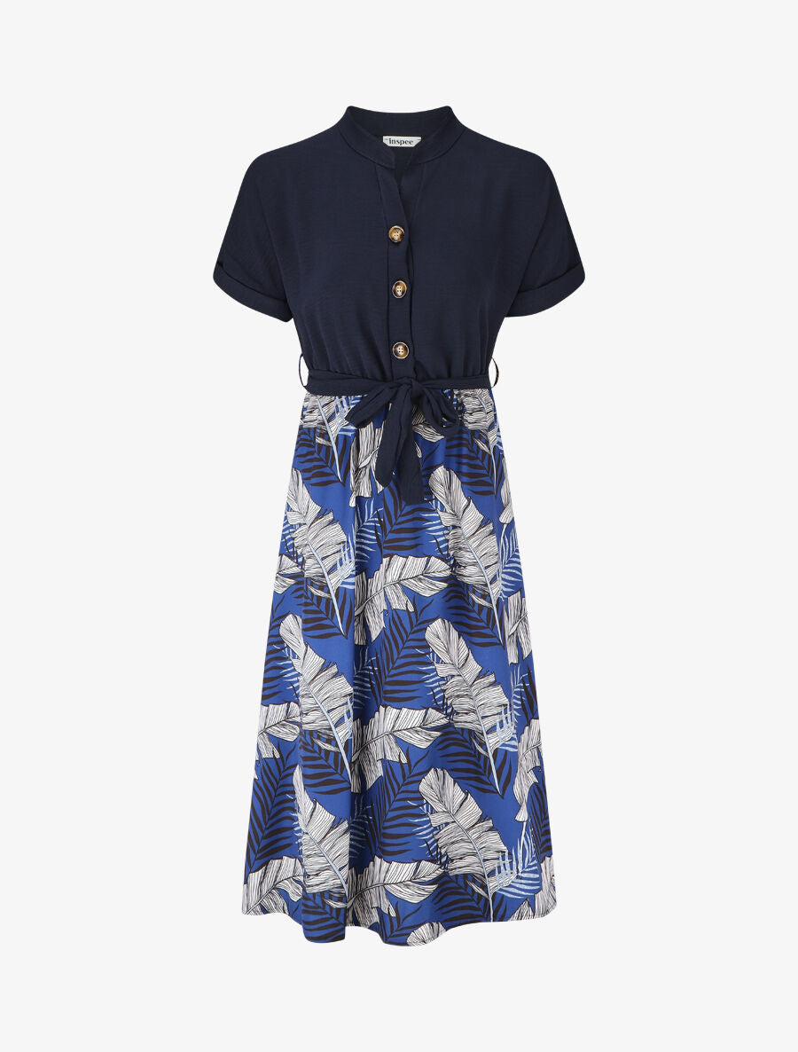 Robe midi manches courtes motif tropical - Bleu foncé - 4