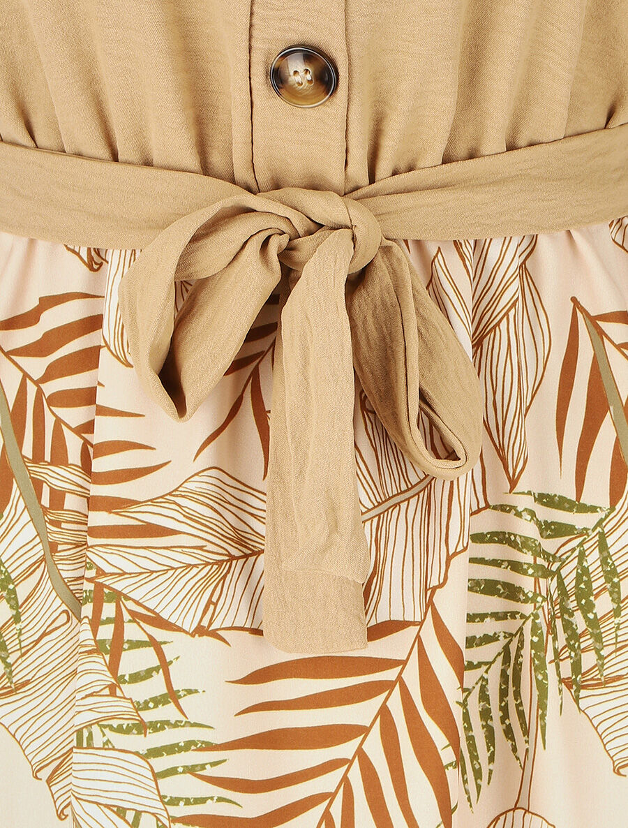 Robe midi manches courtes motif tropical - Beige - 3