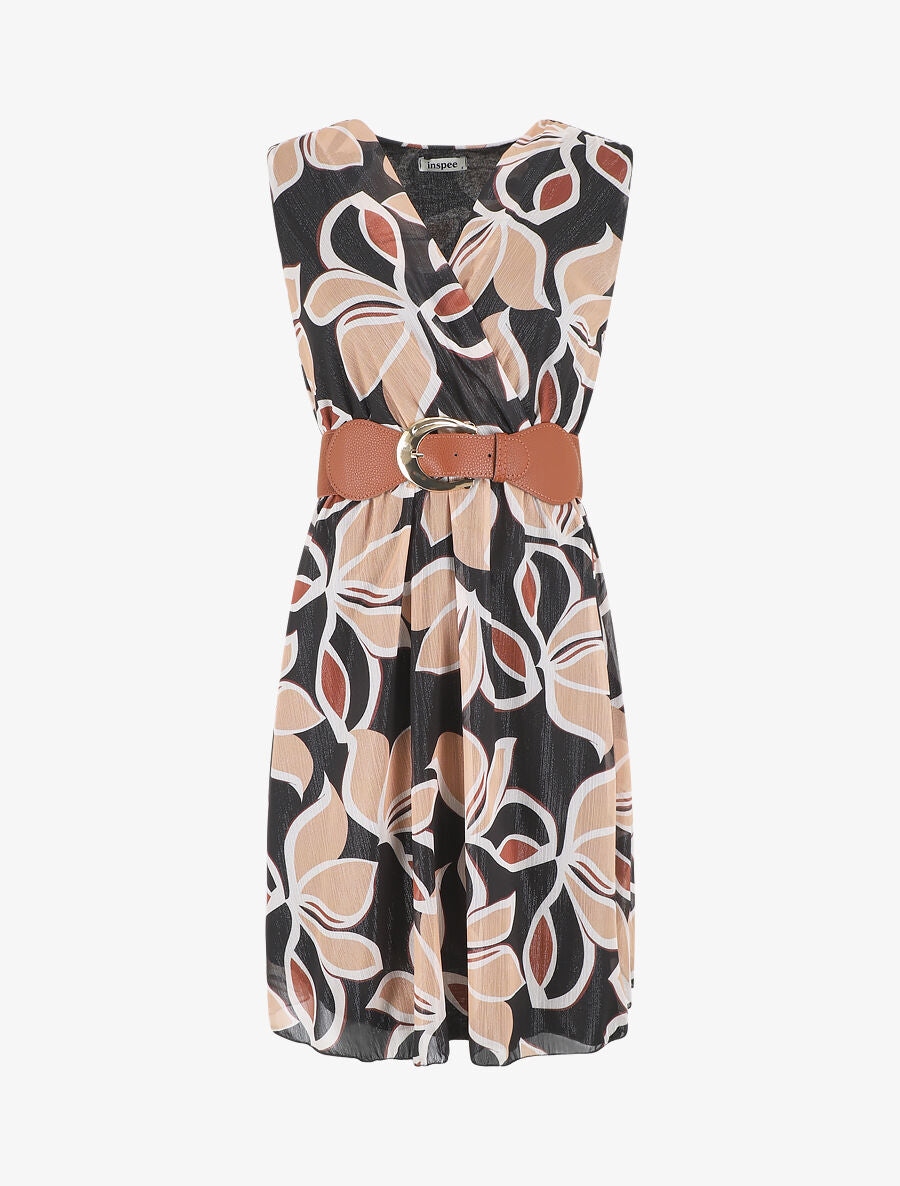 Robe élastiquée sans manches imprimé fleuri irisé - Noir - 5