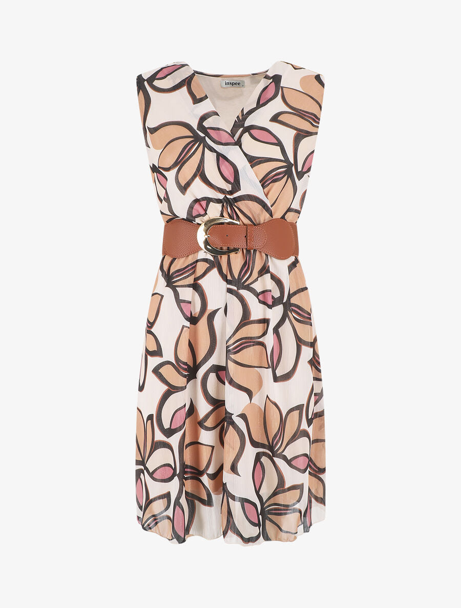 Robe élastiquée sans manches imprimé fleuri irisé - Beige - 1