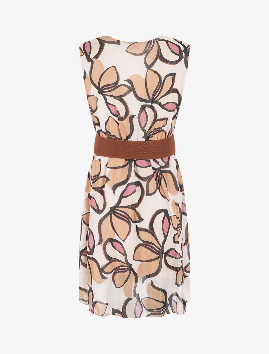 Robe élastiquée sans manches imprimé fleuri irisé - Beige - 2