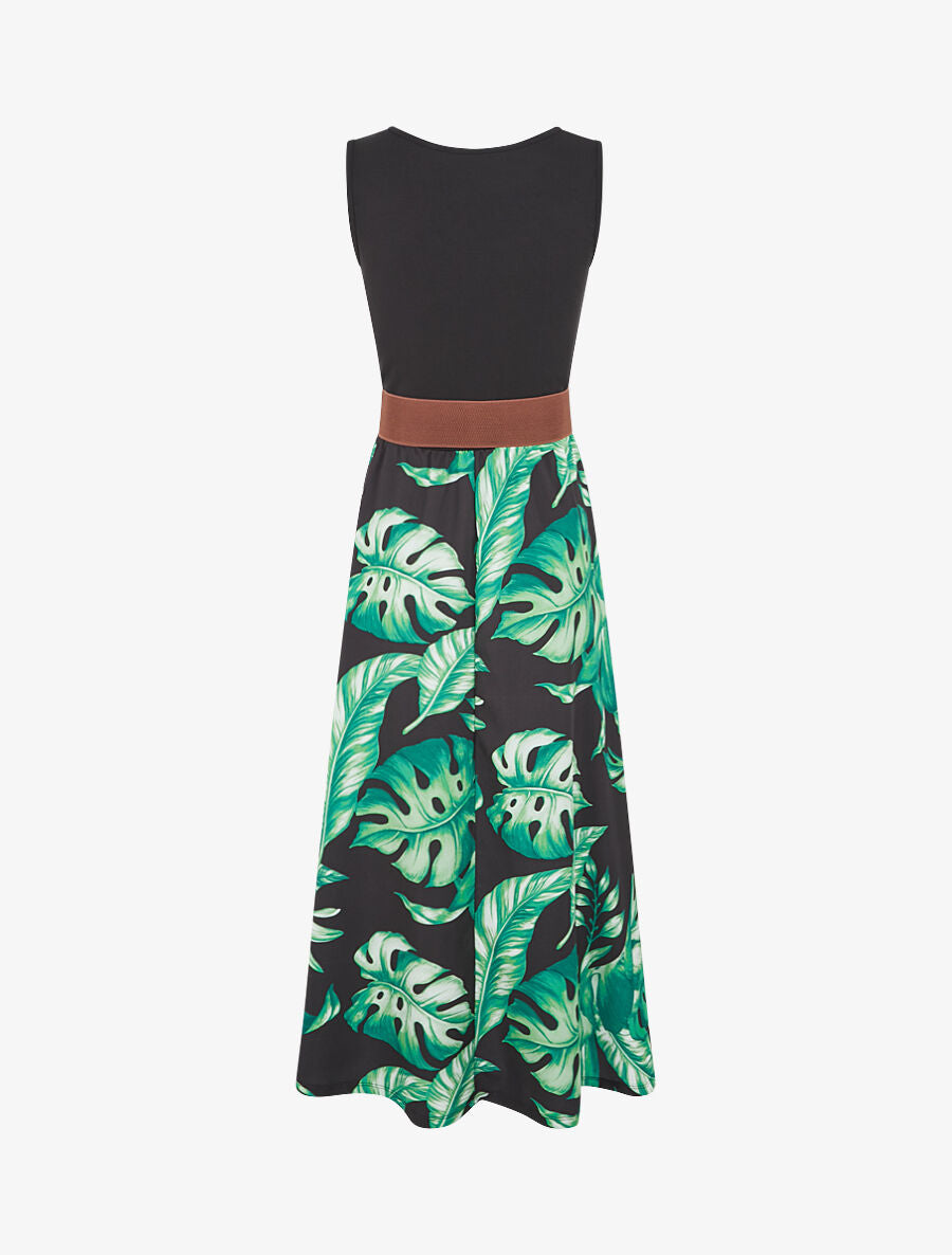 Robe longue évasée bi-matière imprimé tropical - Noir/vert - 2