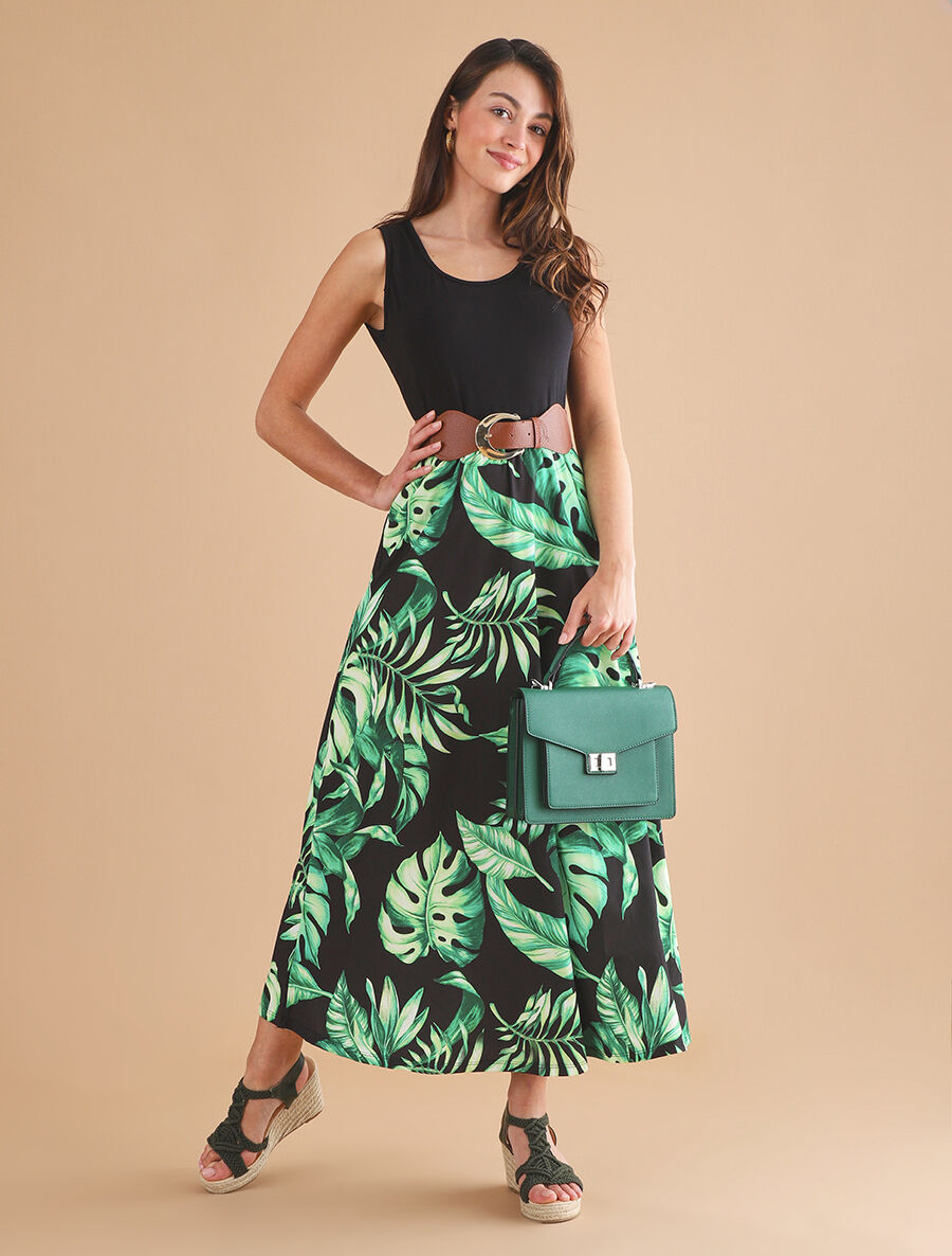 Robe longue évasée bi-matière imprimé tropical - Noir/vert - 4
