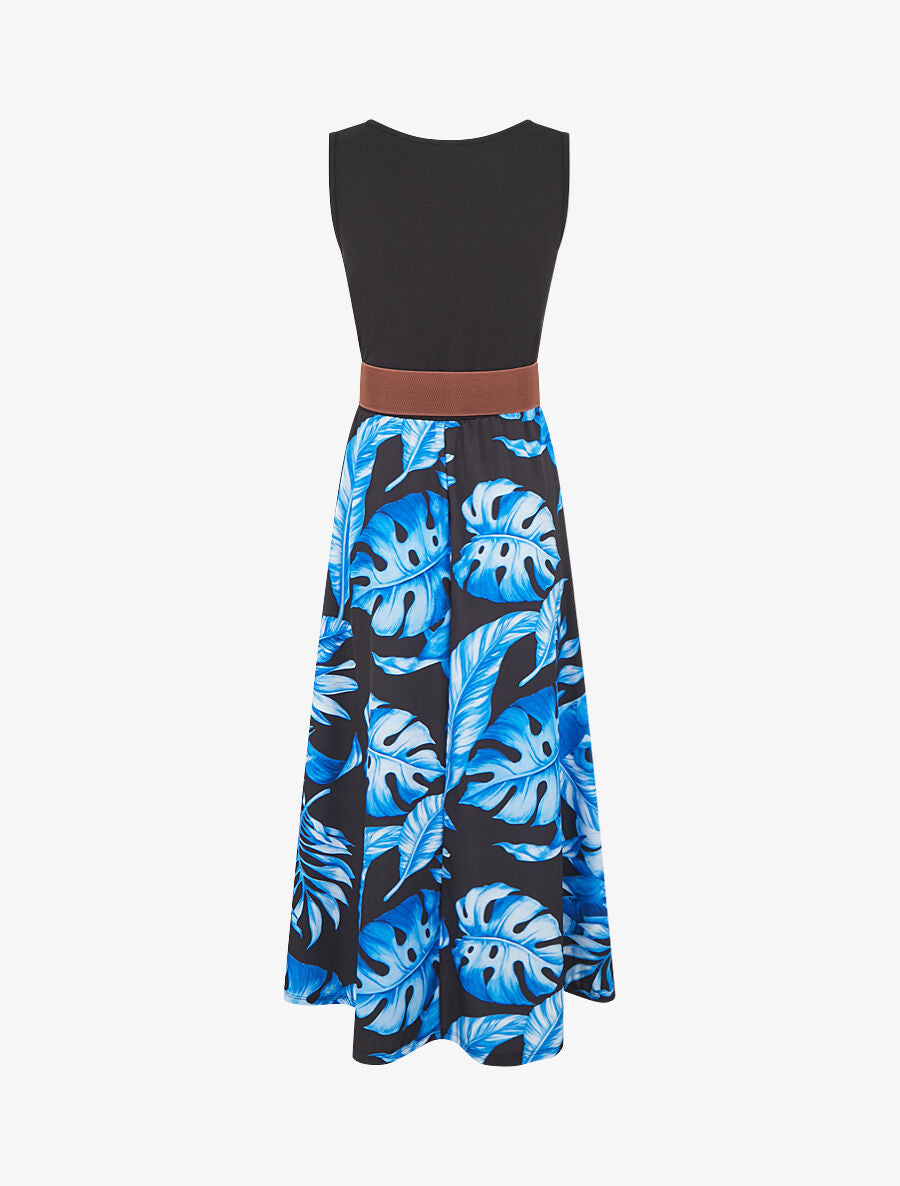 Robe longue évasée bi-matière imprimé tropical - Bleu - 2