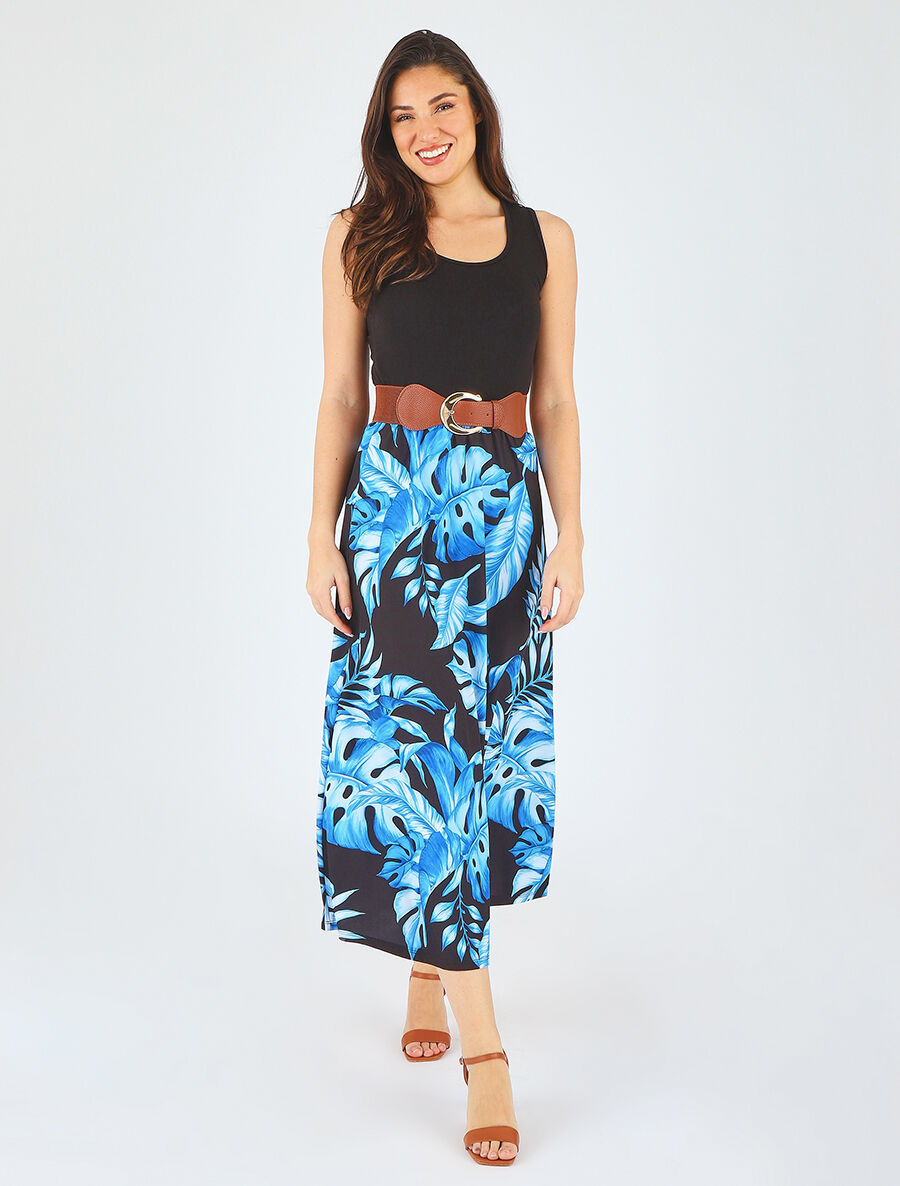Robe longue évasée bi-matière imprimé tropical - Bleu - 4