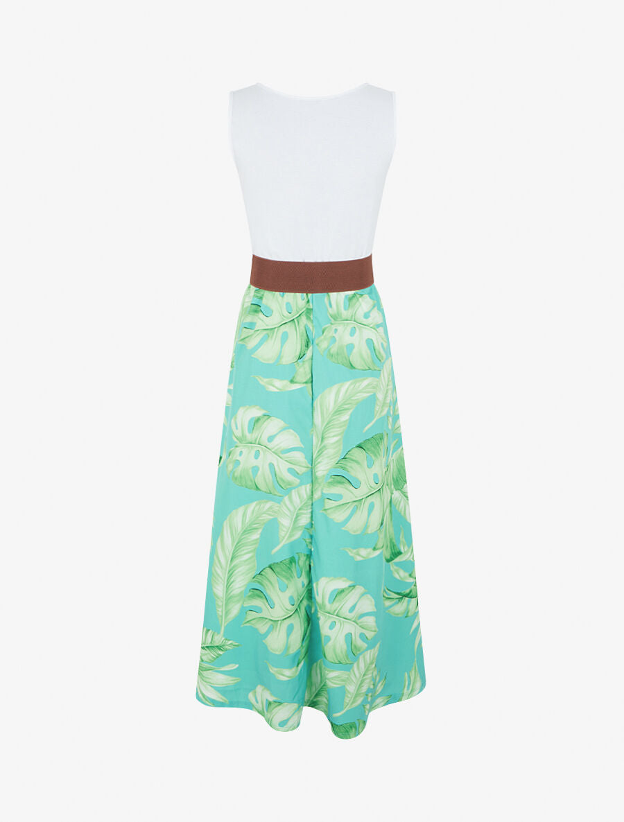 Robe longue évasée bi-matière imprimé tropical - Turquoise - 2