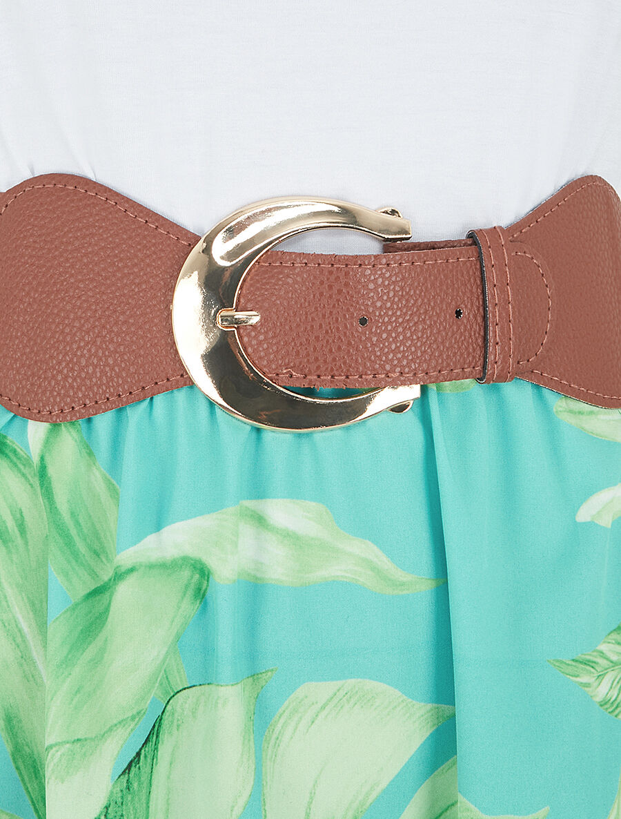 Robe longue évasée bi-matière imprimé tropical - Turquoise - 3