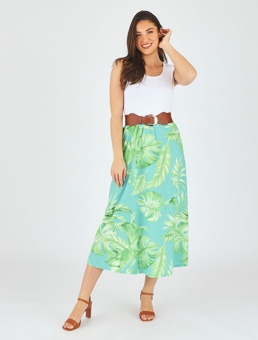 Robe longue évasée bi-matière imprimé tropical - Turquoise - 4