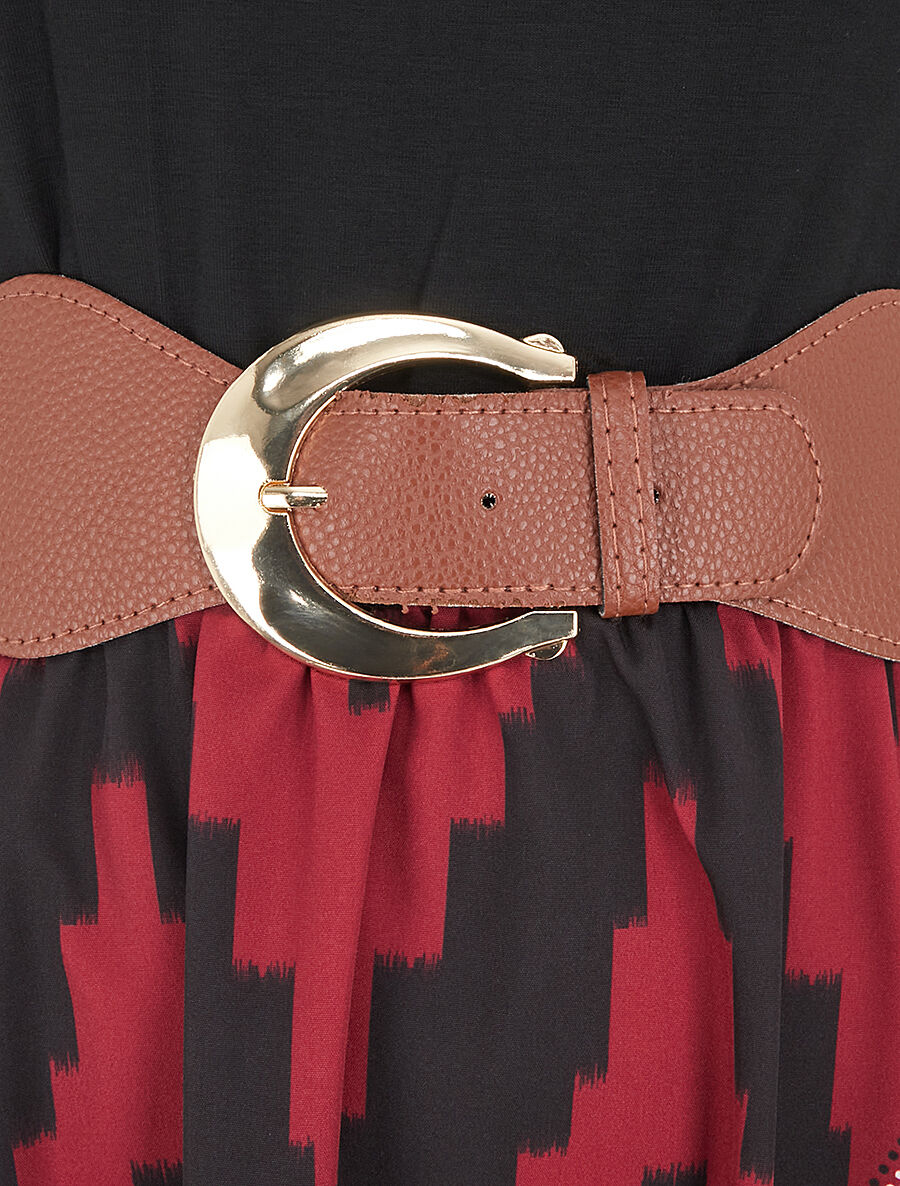 Robe longue évasée bi-matière imprimé graphique - Bordeaux - 3