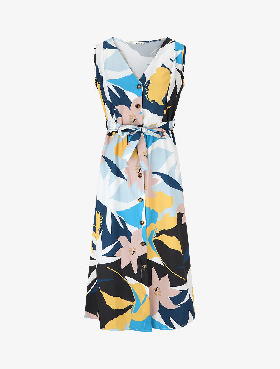 Robe midi droite sans manches imprimé floral - Bleu - 1