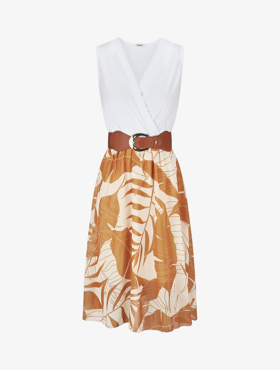 Robe élastiquée à jupe imprimé feuilles - Camel - 4