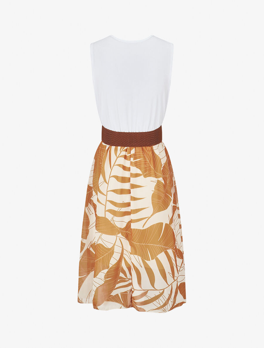 Robe élastiquée à jupe imprimé feuilles - Camel - 2