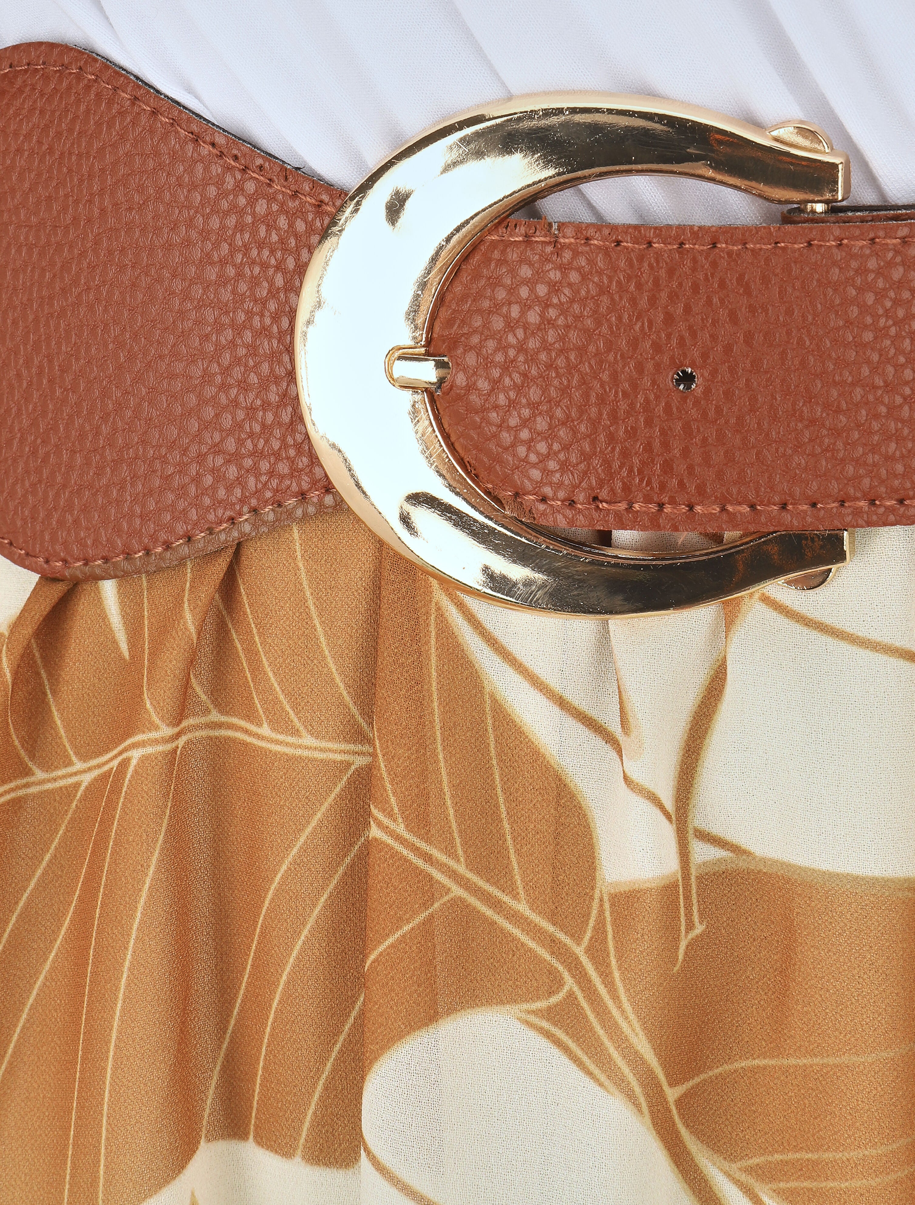 Robe élastiquée à jupe imprimé feuilles - Camel - 3