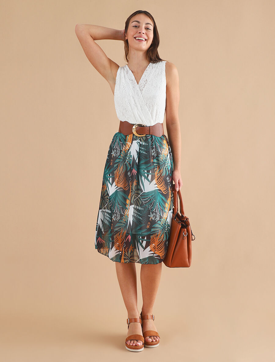 Robe élastiquée à jupe imprimé feuillage - Noir - 4