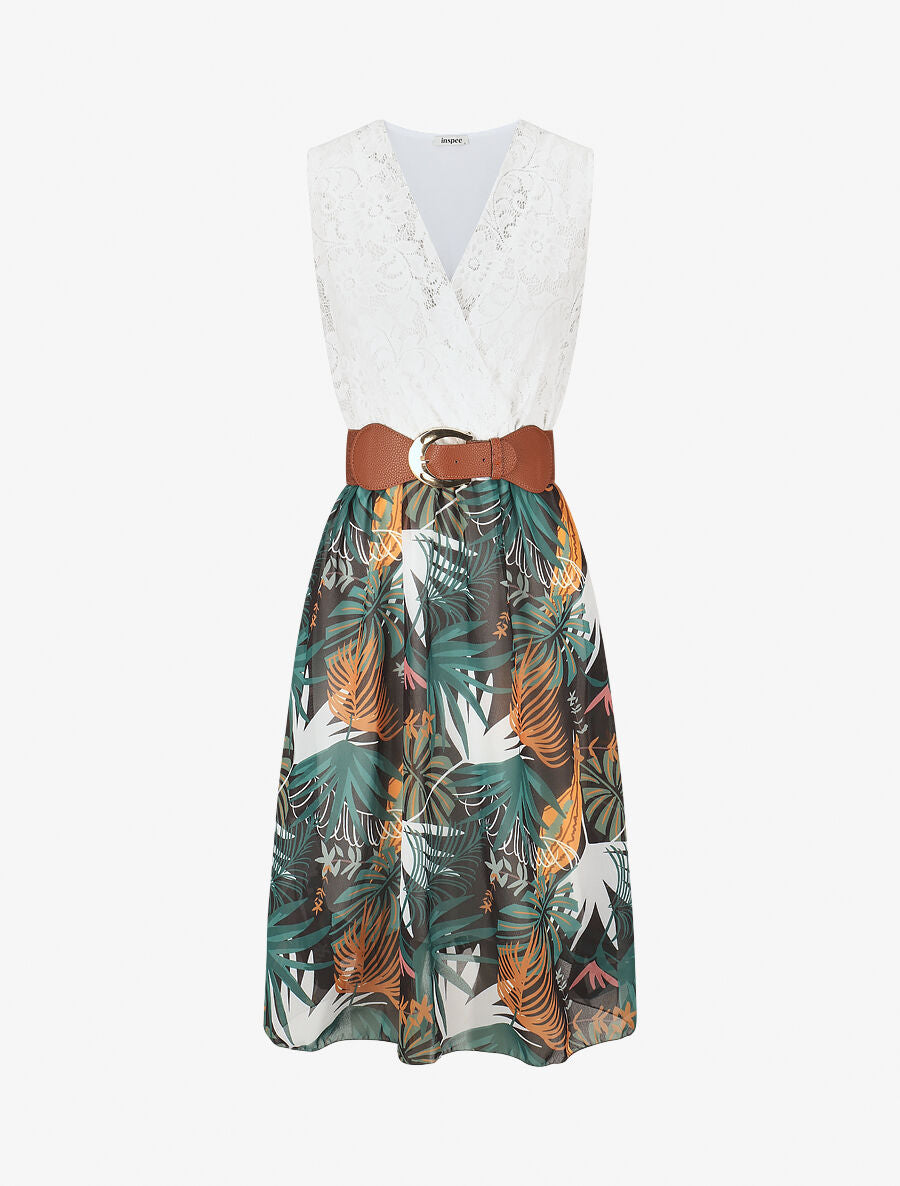 Robe élastiquée à jupe imprimé feuillage - Noir - 5