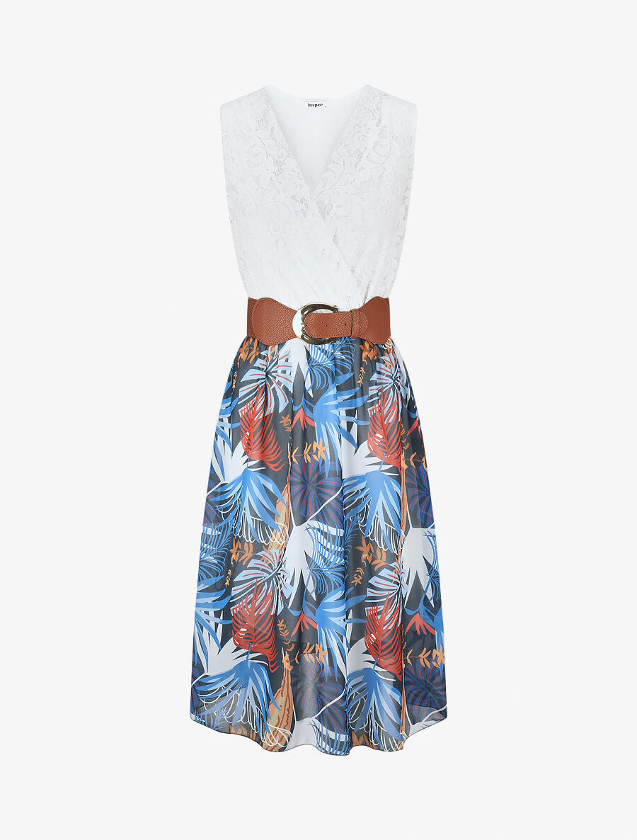 Robe élastiquée à jupe imprimé feuillage - Marine - 1
