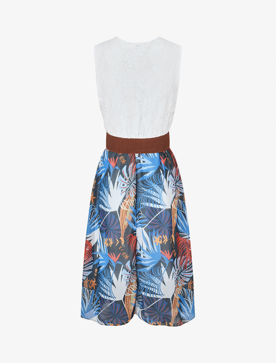 Robe élastiquée à jupe imprimé feuillage - Marine - 2