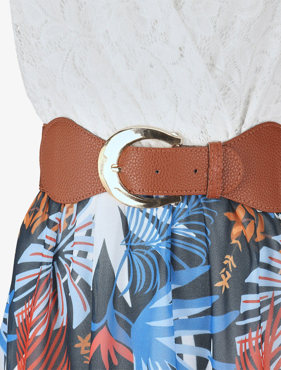 Robe élastiquée à jupe imprimé feuillage - Marine - 3