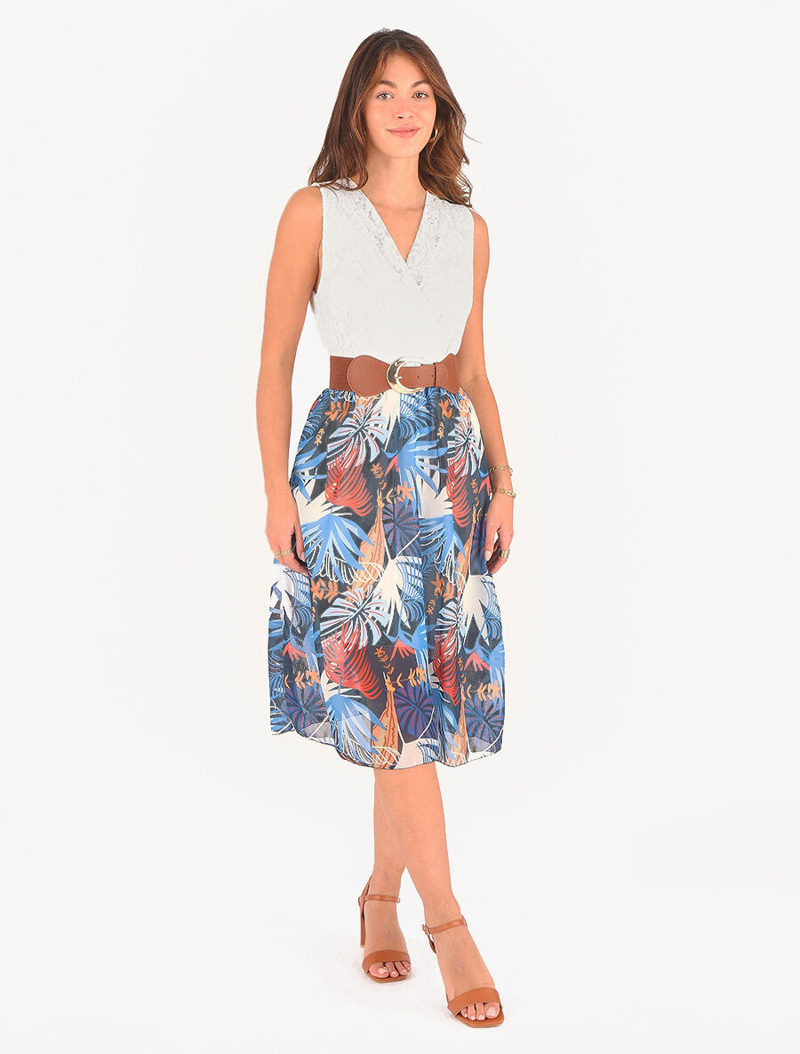 Robe élastiquée à jupe imprimé feuillage - Marine - 4