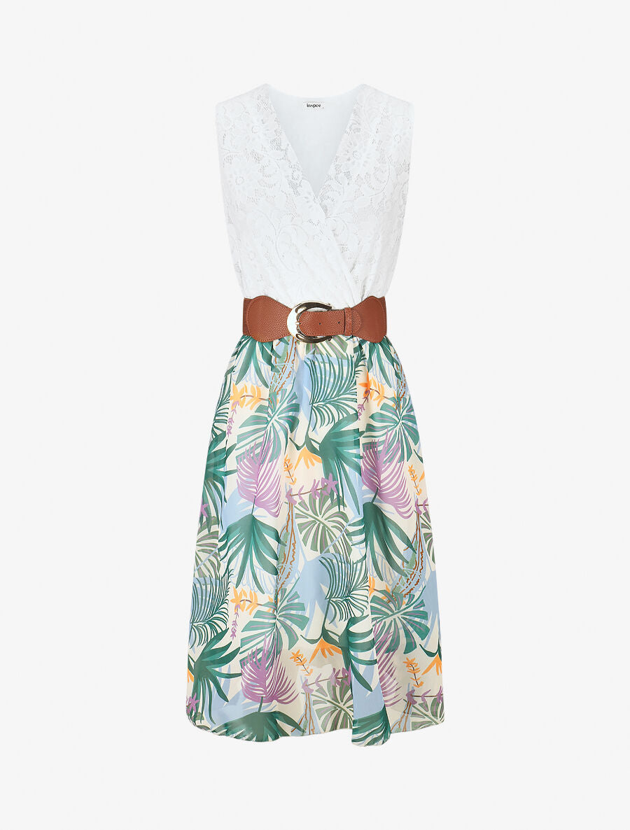 Robe élastiquée à jupe imprimé feuillage - Beige - 4